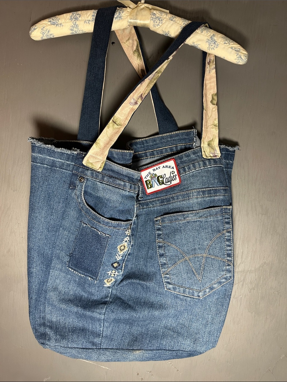Reworked Women Jeans Overalls Tote Bag - Blue Denim